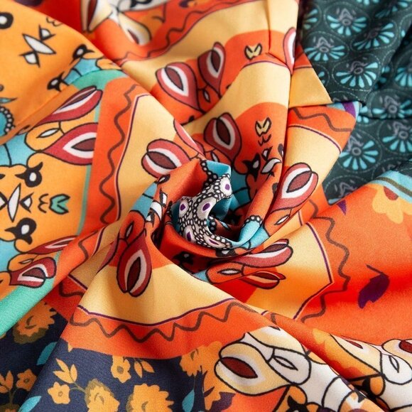 Multicolor Boho Women's Stitching Design Lantern Sleeve Print Dress - Picture 5 of 5